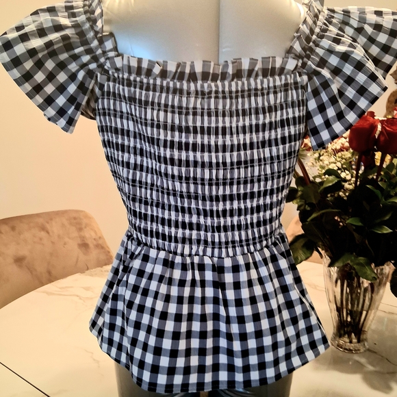 Ricki's Dark Navy Blue and White Gingham Off-Shoulder Blouse - Picture 3 of 3